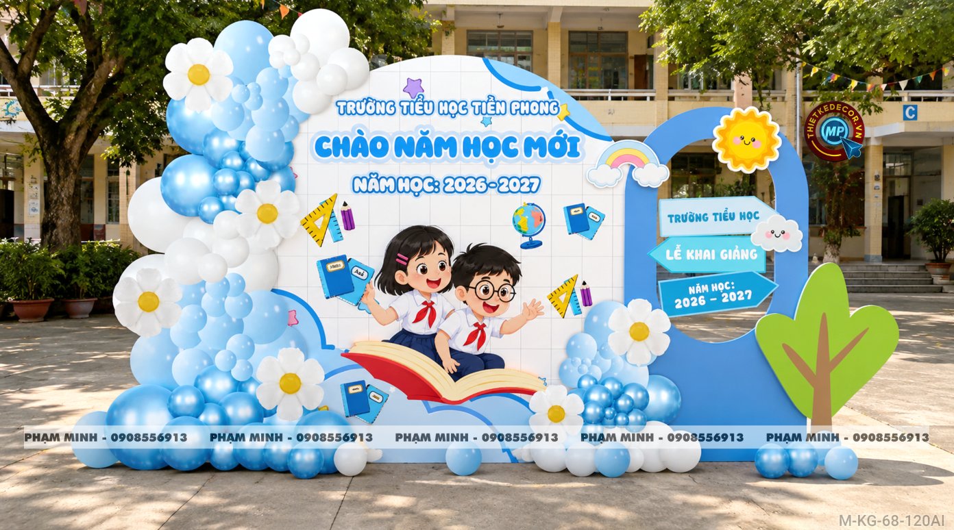 File thiết kế trang trí decor lễ khai giảng chào mừng năm học mới tone xanh da trời chụp ảnh check in cho trường cấp 1 cấp 2, cổng chào lễ khai giảng trường quốc tế.
