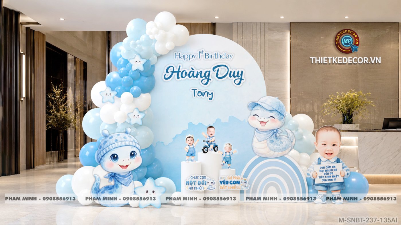 File thiết kế sinh nhật bé trai tuổi rắn tone xanh ; Sinh nhật bé trai tone xanh; Sinh nhật 1 tuổi tone xanh cute đáng yêu dễ thương.