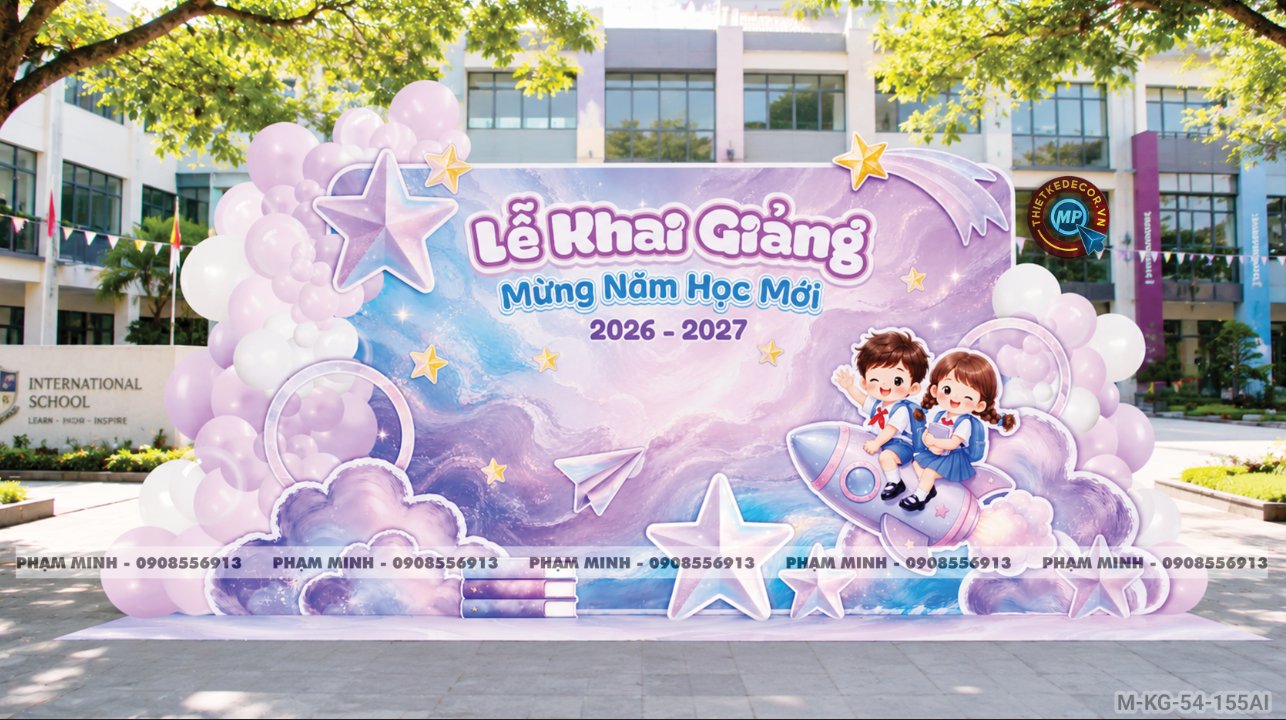 File thiết kế trang trí decor lễ khai giảng chào mừng năm học mới trường mầm non tone tím chụp ảnh check in cho trường mầm non, tiểu học, cấp 1, cấp 2, trường quốc tế.