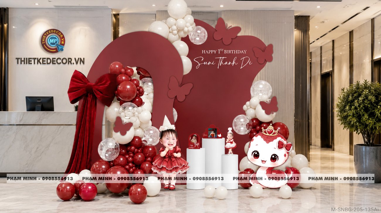 File thiết kế sinh nhật bé gái 1 tuổi rắn tỵ tone đỏ decor trang trí bong bóng đáng yêu dễ thương sang trọng