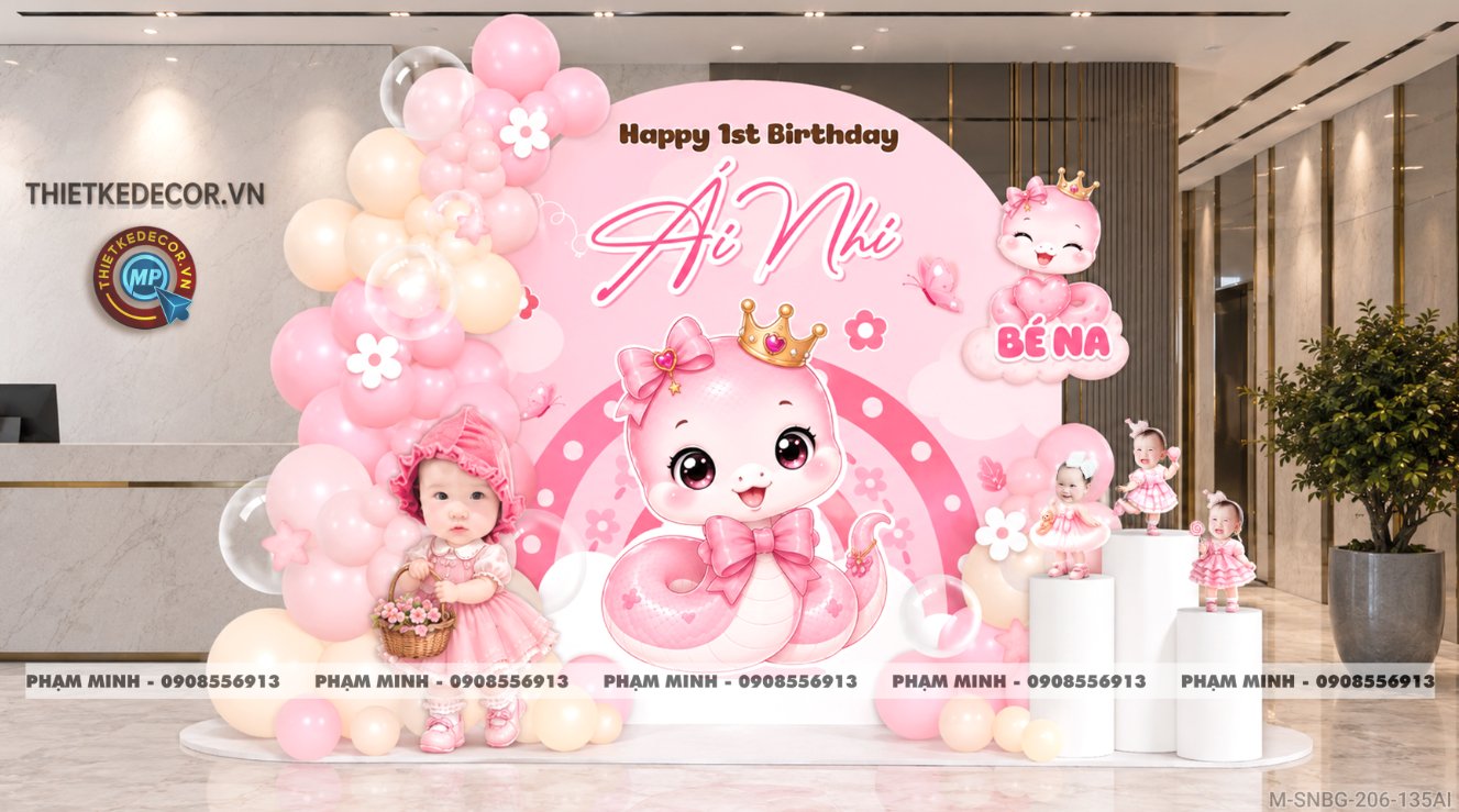 File thiết kế sinh nhật bé gái tuổi rắn tone hồng; Sinh nhật bé gái tone hồng; Sinh nhật 1 tuổi tone hồng; Sinh nhật tuổi tỵ tone hồng cute đáng yêu dễ thương