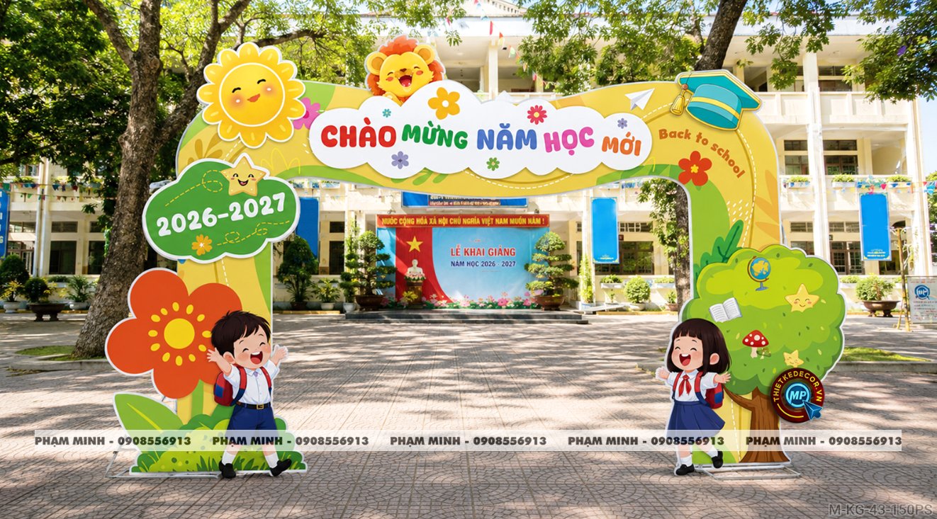 File thiết kế trang trí decor cổng chào mừng lễ khai giảng chào mừng năm học mới chụp ảnh check in cho trường cấp 1 cấp 2, cấp 3, cổng chào lễ khai giảng trường quốc tế.