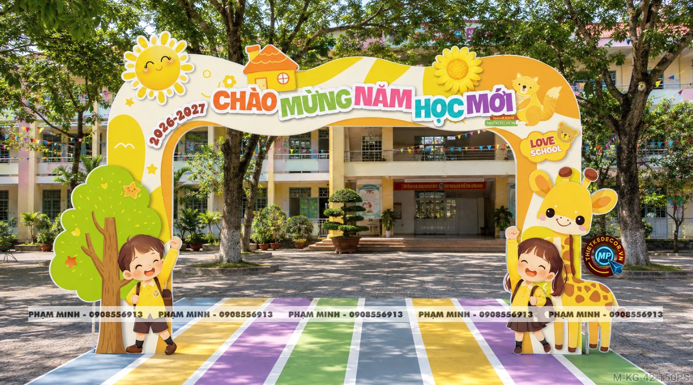 File thiết kế trang trí decor cổng chào mừng lễ khai giảng chào mừng năm học mới chụp ảnh check in cho trường cấp 1 cấp 2, cấp 3, cổng chào lễ khai giảng trường quốc tế.
