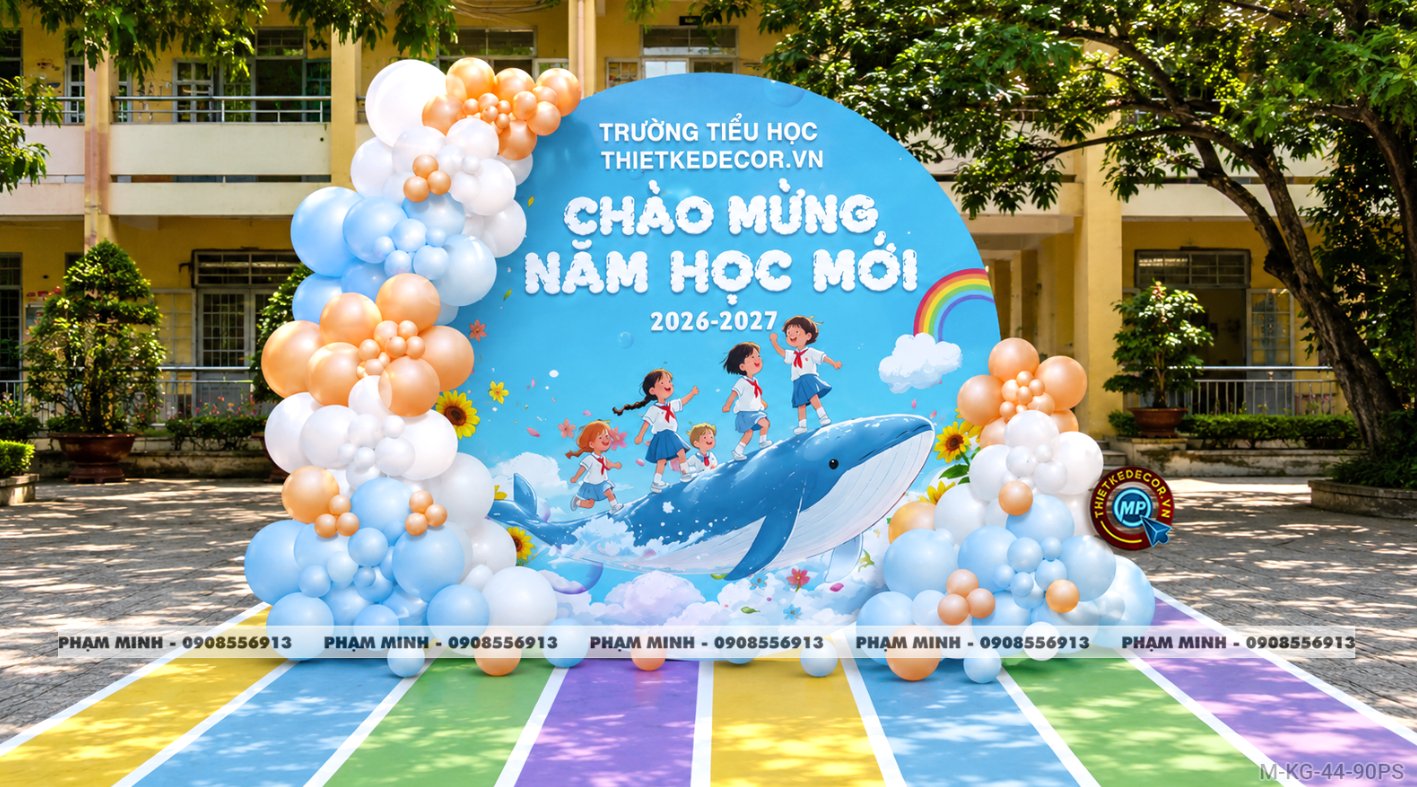File thiết kế trang trí decor lễ khai giảng chào mừng năm học mới tone xanh da trời chụp ảnh check in cho trường cấp 1 cấp 2, cổng chào lễ khai giảng trường quốc tế.
