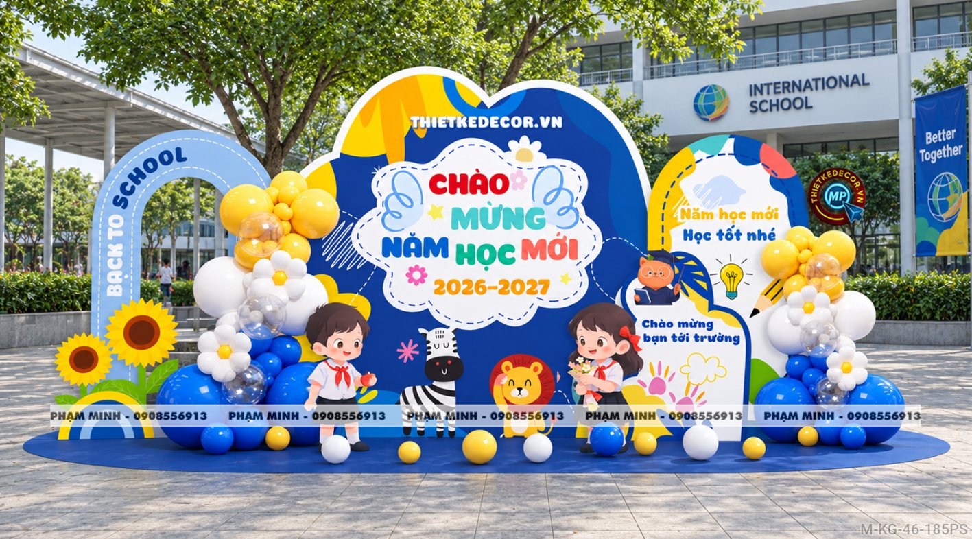 File thiết kế trang trí decor lễ khai giảng chào mừng năm học mới tone xanh da trời chụp ảnh check in cho trường cấp 1 cấp 2, cổng chào lễ khai giảng trường quốc tế.