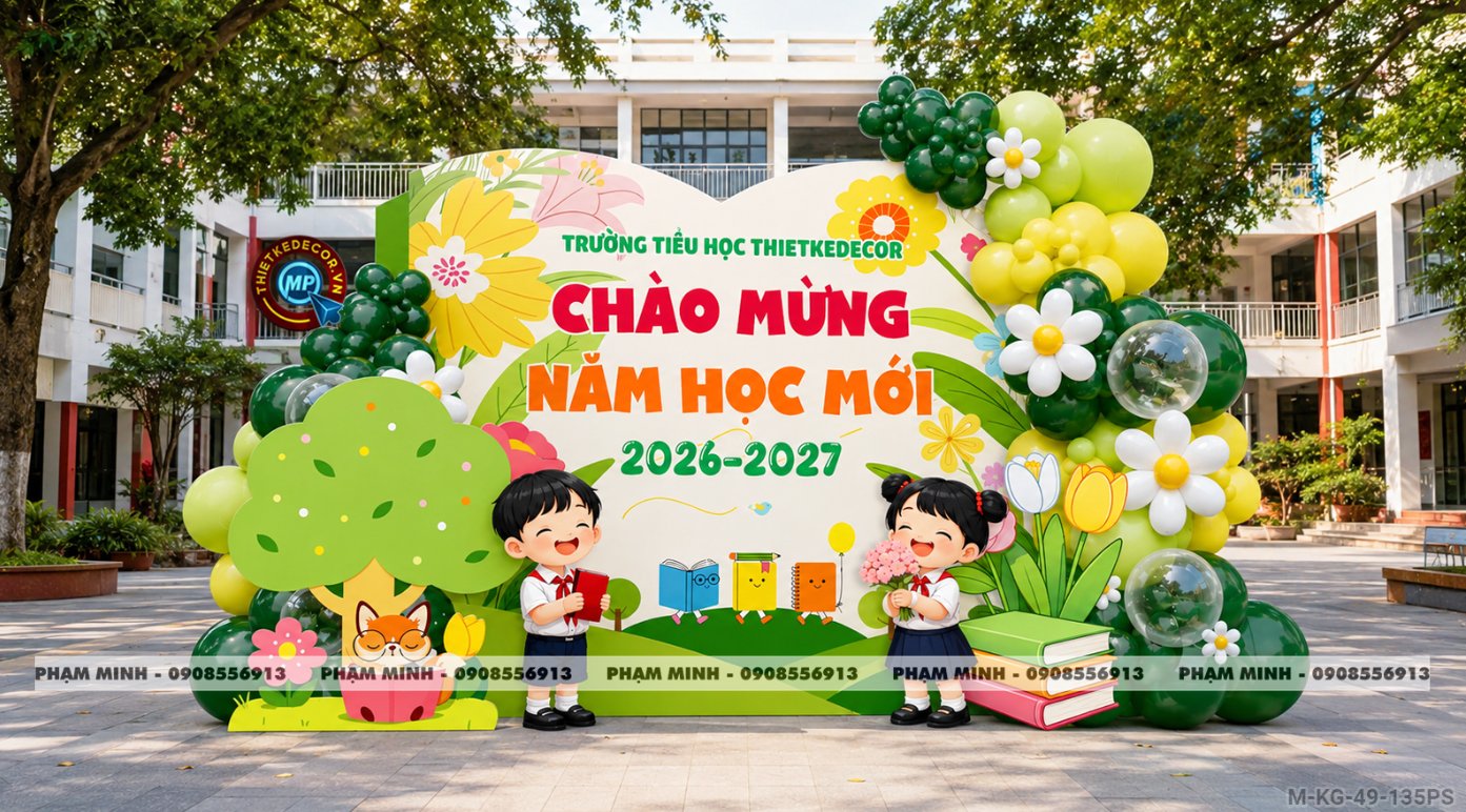 File thiết kế trang trí decor lễ khai giảng chào mừng năm học mới trường mầm non tone xanh lá cây chụp ảnh check in cho trường mầm non, tiểu học, cấp 1, cấp 2, trường quốc tế.