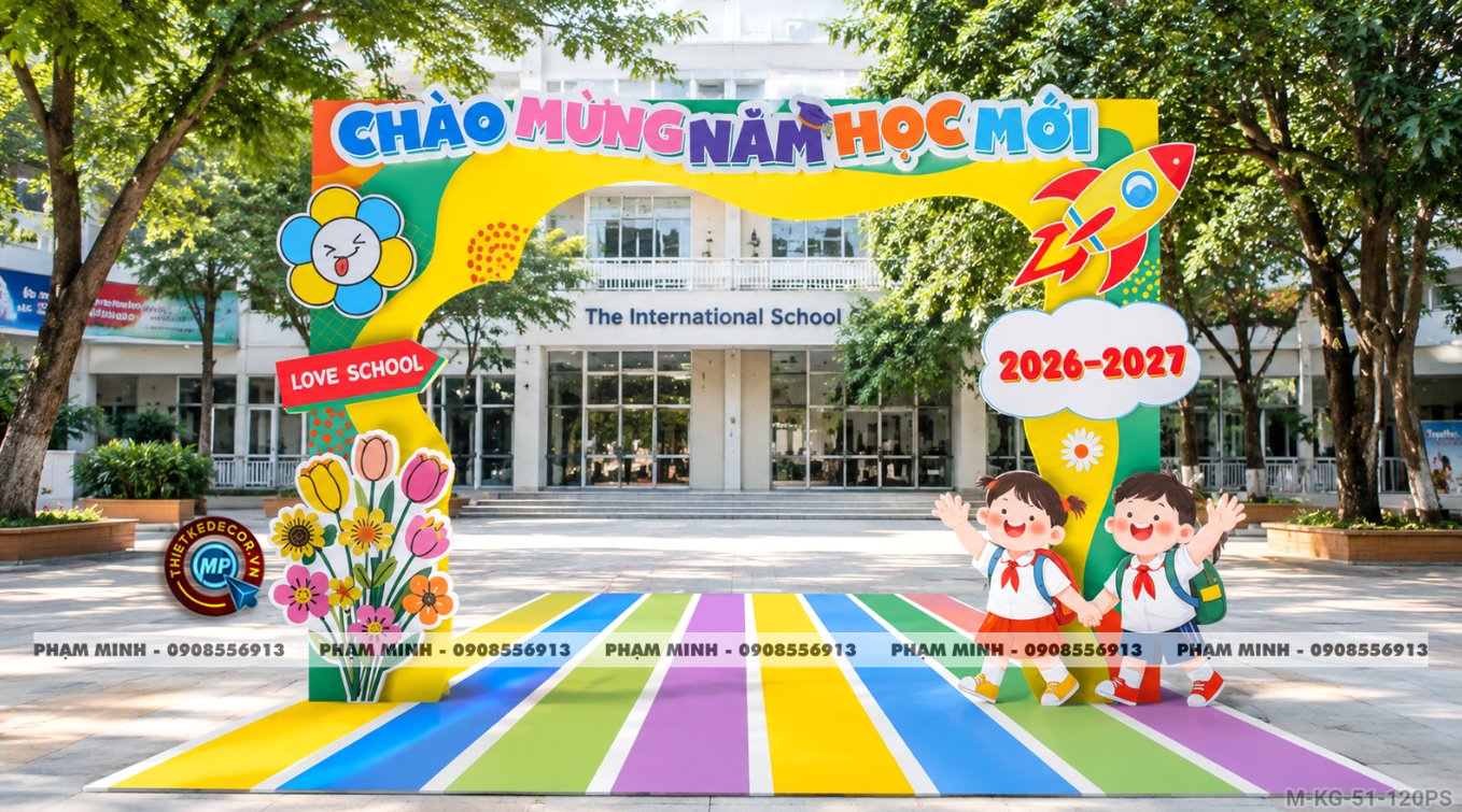 File thiết kế trang trí decor cổng chào mừng lễ khai giảng chào mừng năm học mới chụp ảnh check in cho trường cấp 1 cấp 2, cấp 3, cổng chào lễ khai giảng trường quốc tế.