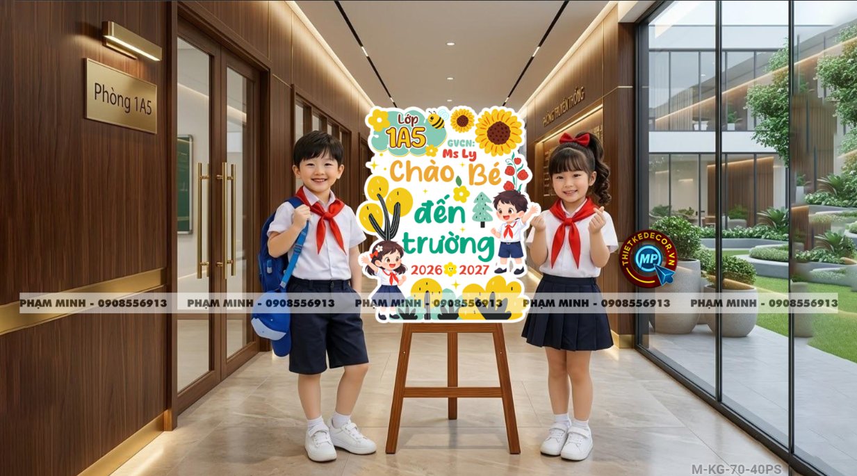 Bảng welcome chào đón bé đến lớp học sinh lớp 1 khối 1, chào mừng năm học mới trang trí decor lớp học dễ thương đáng yêu.