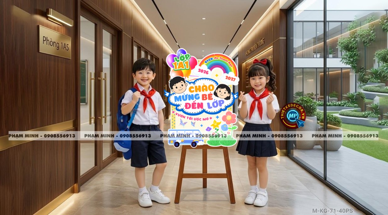 Bảng welcome chào đón bé đến lớp học sinh lớp 1 khối 1, chào mừng năm học mới trang trí decor lớp học dễ thương đáng yêu.