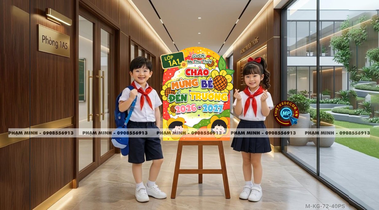 Bảng welcome chào đón bé đến lớp học sinh lớp 1 khối 1, chào mừng năm học mới trang trí decor lớp học dễ thương đáng yêu.