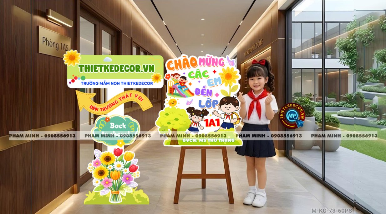 Bảng welcome chào đón bé đến lớp học sinh lớp 1 khối 1, chào mừng năm học mới trang trí decor lớp học dễ thương đáng yêu.