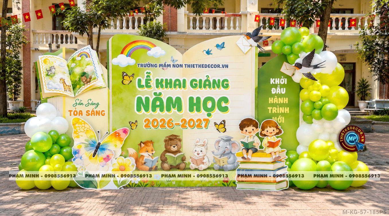 File thiết kế trang trí decor lễ khai giảng chào mừng năm học mới trường mầm non tone xanh lá cây chụp ảnh check in cho trường mầm non, tiểu học, cấp 1, cấp 2, trường quốc tế.