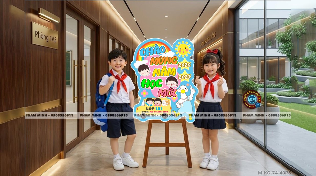 Bảng welcome chào đón bé đến lớp học sinh lớp 1 khối 1, chào mừng năm học mới trang trí decor lớp học dễ thương đáng yêu.