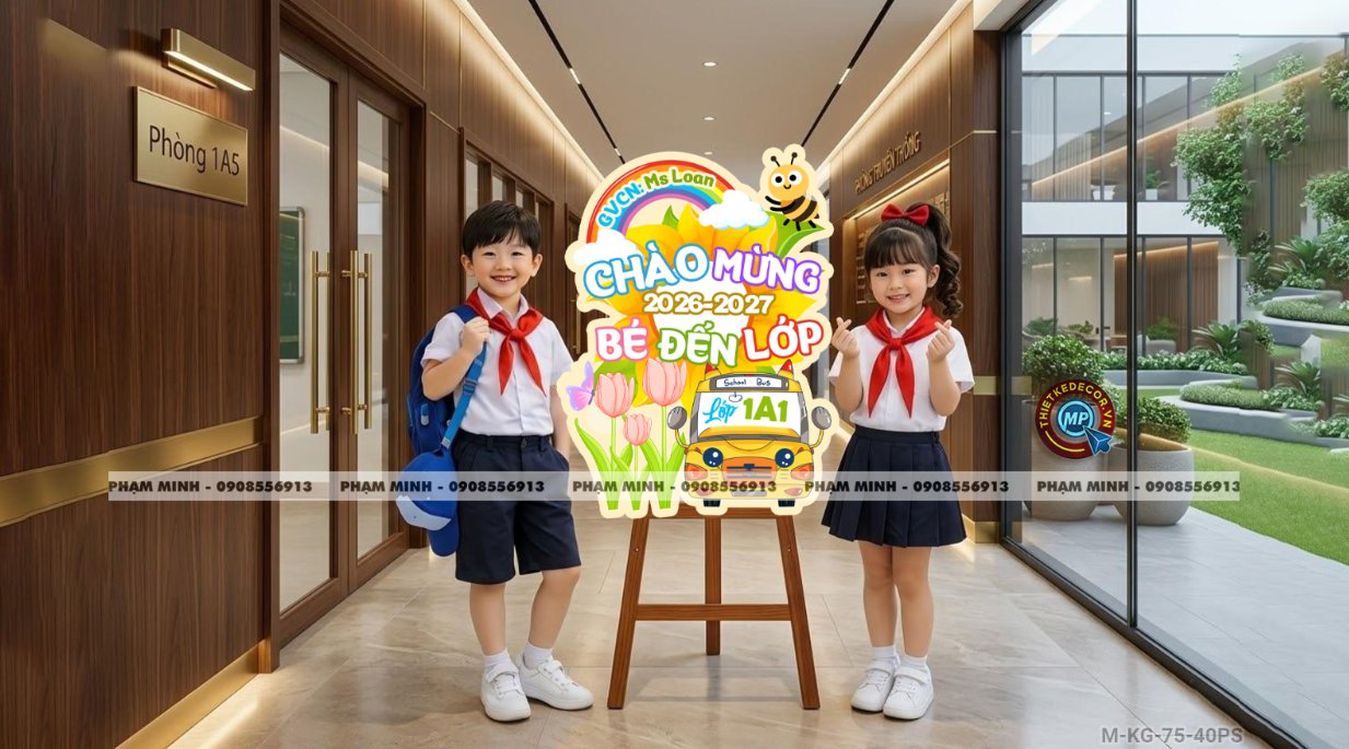 Bảng welcome chào đón bé đến lớp học sinh lớp 1 khối 1, chào mừng năm học mới trang trí decor lớp học dễ thương đáng yêu.
