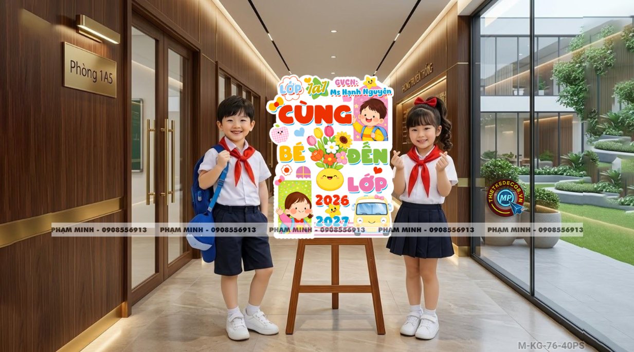 Bảng welcome chào đón bé đến lớp học sinh lớp 1 khối 1, chào mừng năm học mới trang trí decor lớp học dễ thương đáng yêu.