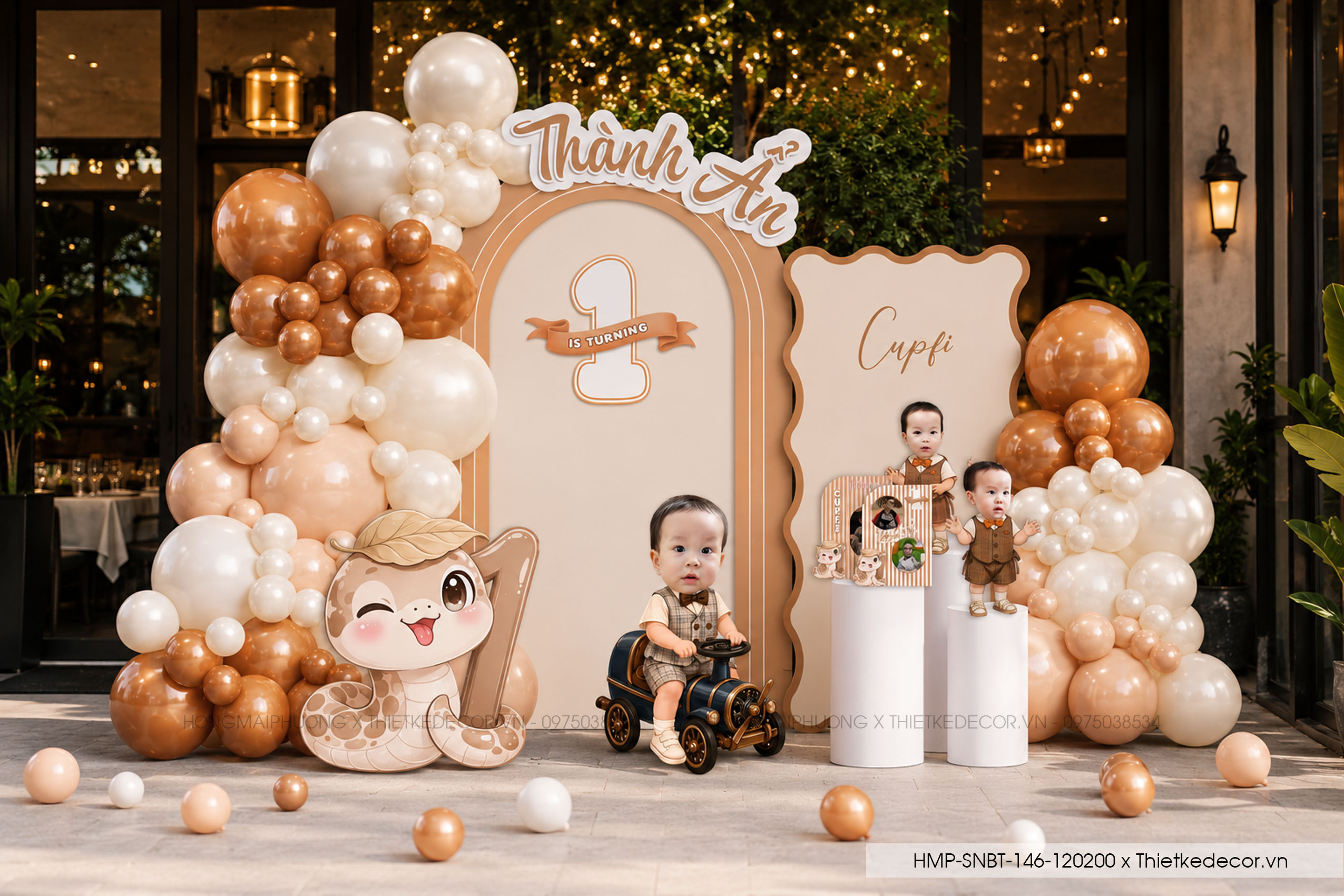 File thiết kế decor trang trí tiệc sinh nhật bé trai tuổi Rắn - Tỵ mix bong bóng cute dễ thương đáng yêu tone nâu tây