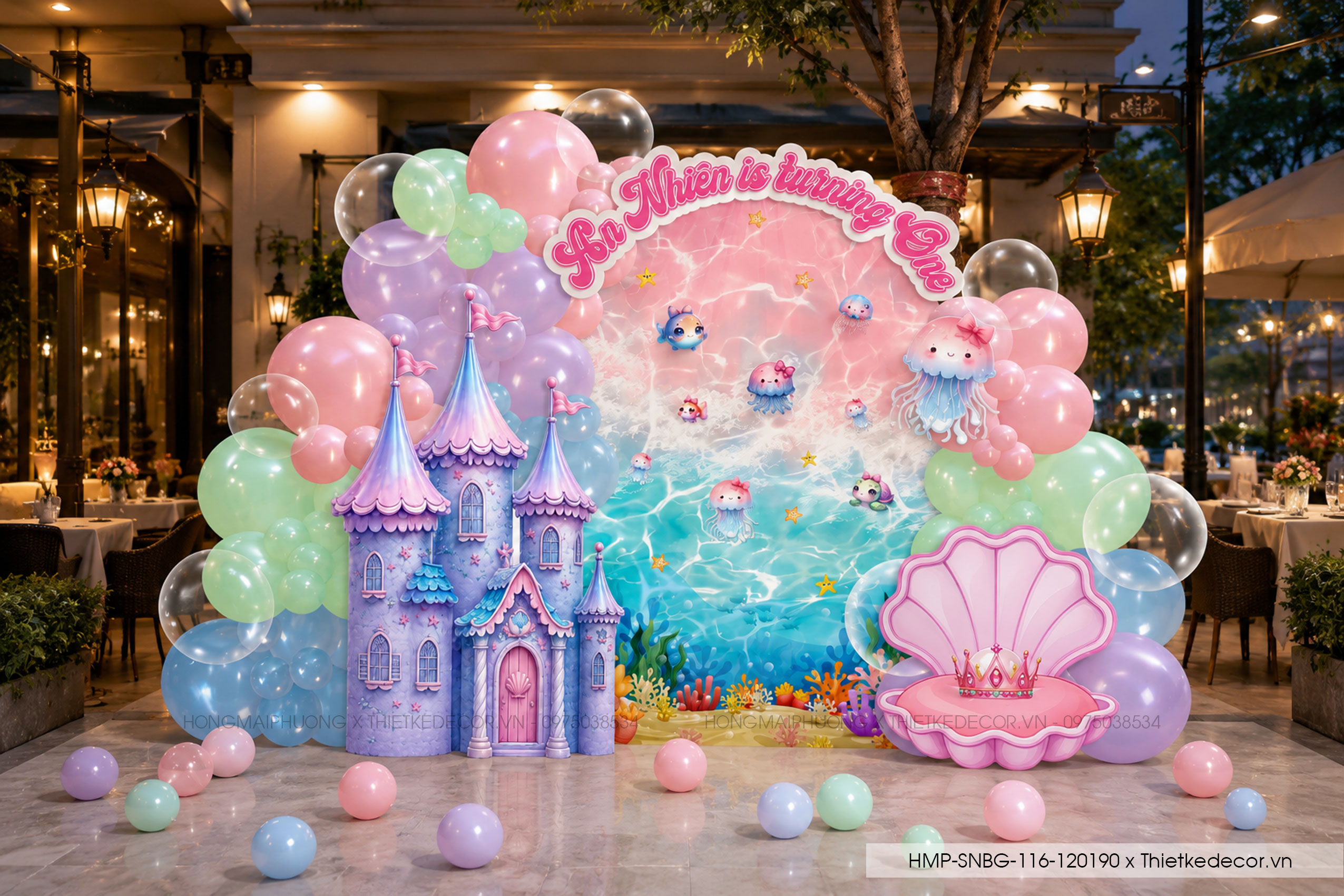 File thiết kế decor trang trí tiệc sinh nhật bé gái chủ đề tiên cá và biển cả bong bóng cute dễ thương đáng yêu tone hồng, xanh, tím pastel