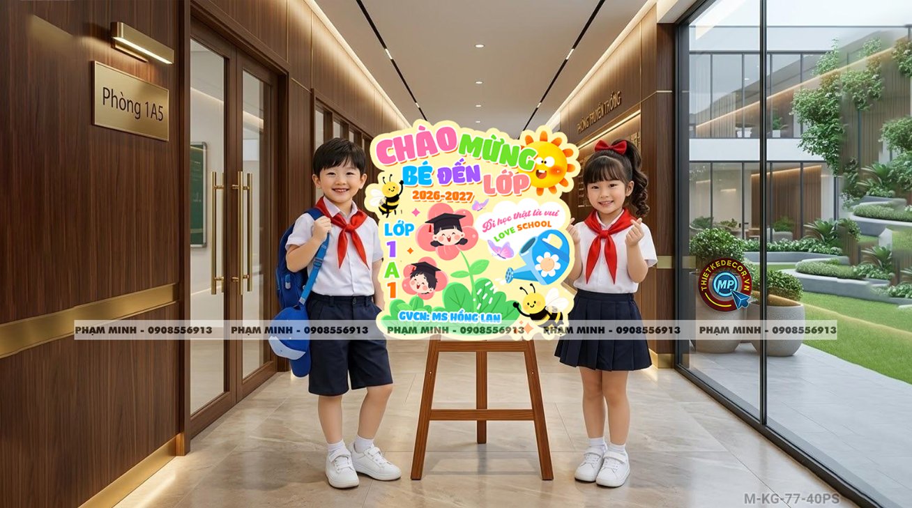 Bảng welcome chào đón bé đến lớp học sinh lớp 1 khối 1, chào mừng năm học mới trang trí decor lớp học dễ thương đáng yêu.