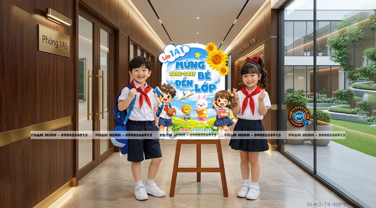 Bảng welcome chào đón bé đến lớp học sinh lớp 1 khối 1, chào mừng năm học mới trang trí decor lớp học dễ thương đáng yêu.