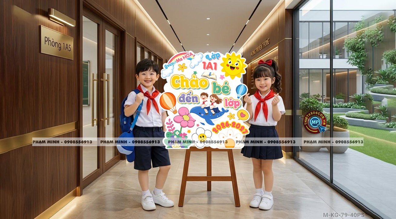Bảng welcome chào đón bé đến lớp học sinh lớp 1 khối 1, chào mừng năm học mới trang trí decor lớp học dễ thương đáng yêu.