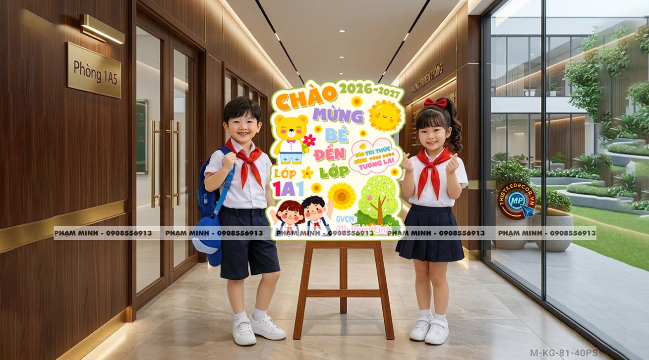 Bảng welcome chào đón bé đến lớp học sinh lớp 1 khối 1, chào mừng năm học mới trang trí decor lớp học dễ thương đáng yêu.