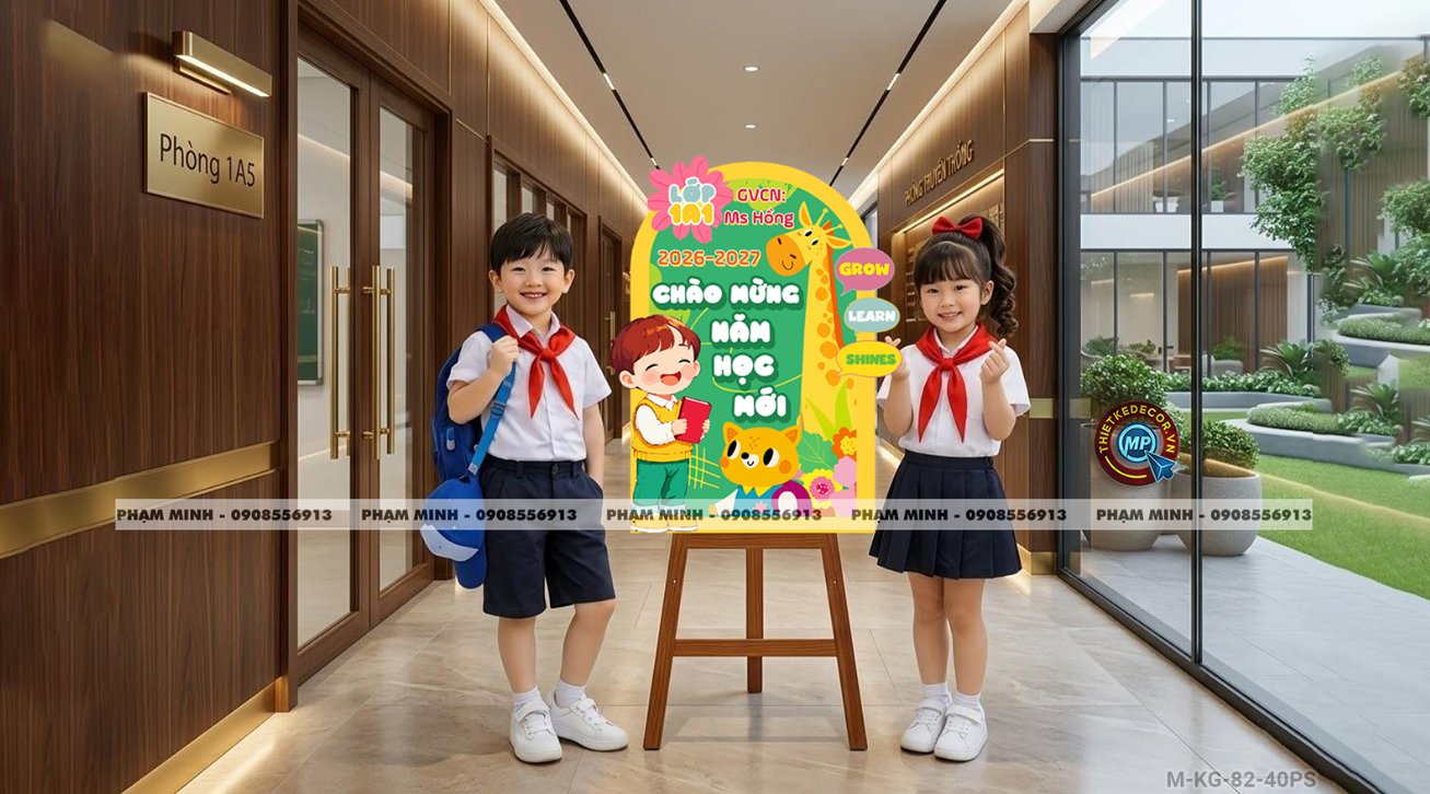 Bảng welcome chào đón bé đến lớp học sinh lớp 1 khối 1, chào mừng năm học mới trang trí decor lớp học dễ thương đáng yêu.