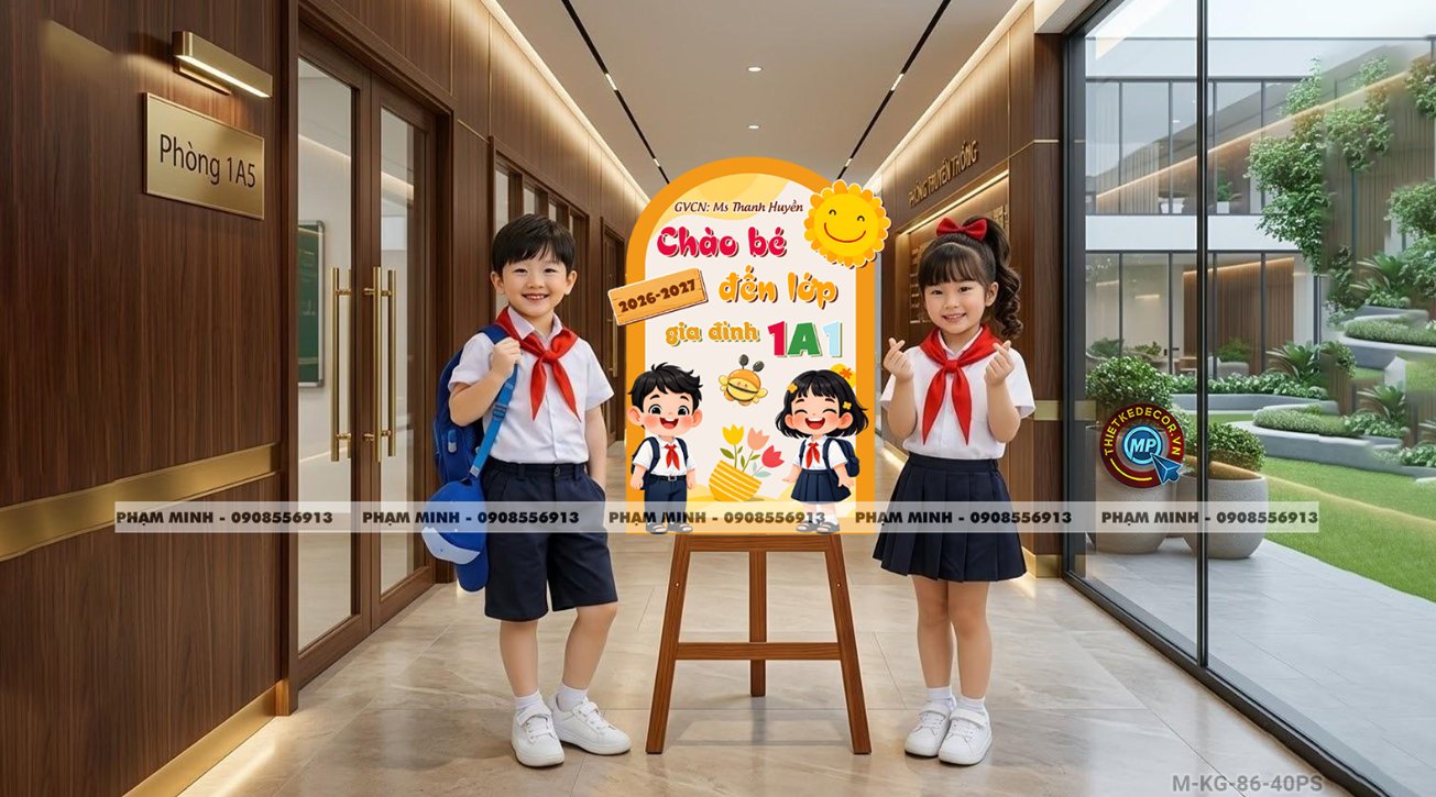 Bảng welcome chào đón bé đến lớp học sinh lớp 1 khối 1, chào mừng năm học mới trang trí decor lớp học dễ thương đáng yêu.