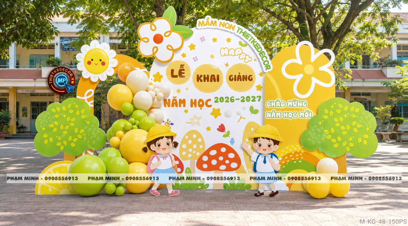 File thiết kế trang trí decor lễ khai giảng chào mừng năm học mới trường mầm non tone xanh lá cây mix cam chụp ảnh check in cho trường mầm non, tiểu học, cấp 1, cấp 2, trường quốc tế.