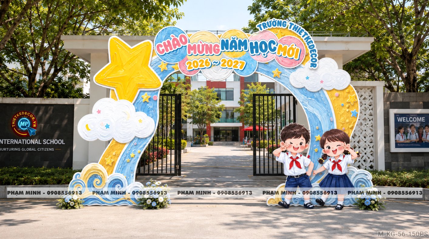 File thiết kế trang trí decor cổng chào mừng lễ khai giảng chào mừng năm học mới chụp ảnh check in cho trường cấp 1 cấp 2, cấp 3, cổng chào lễ khai giảng trường quốc tế.
