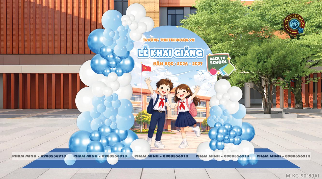 File thiết kế trang trí decor lễ khai giảng chào mừng năm học mới tone xanh da trời chụp ảnh check in cho trường cấp 1 cấp 2, cấp 3, đại học background lễ khai giảng trường quốc tế.