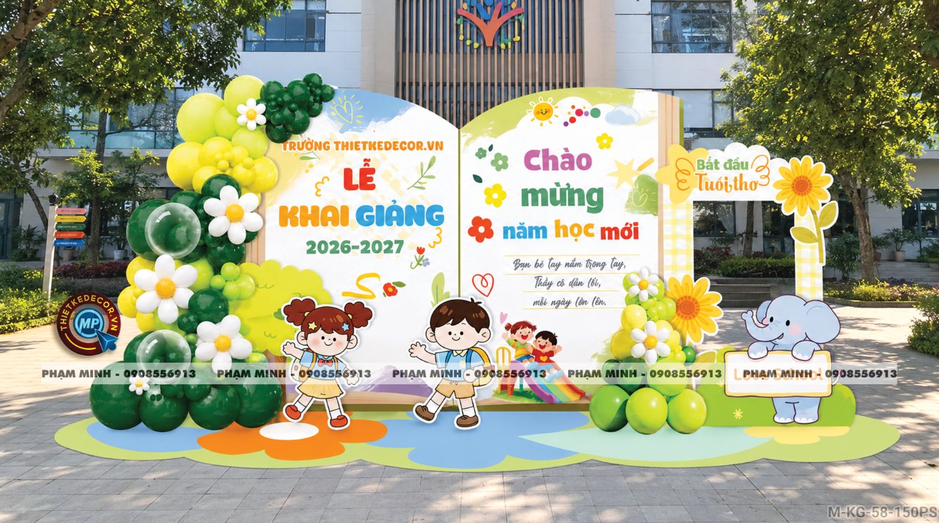 File thiết kế trang trí decor lễ khai giảng chào mừng năm học mới trường mầm non chụp ảnh check in cho trường mầm non, tiểu học, cấp 1, trường quốc tế.