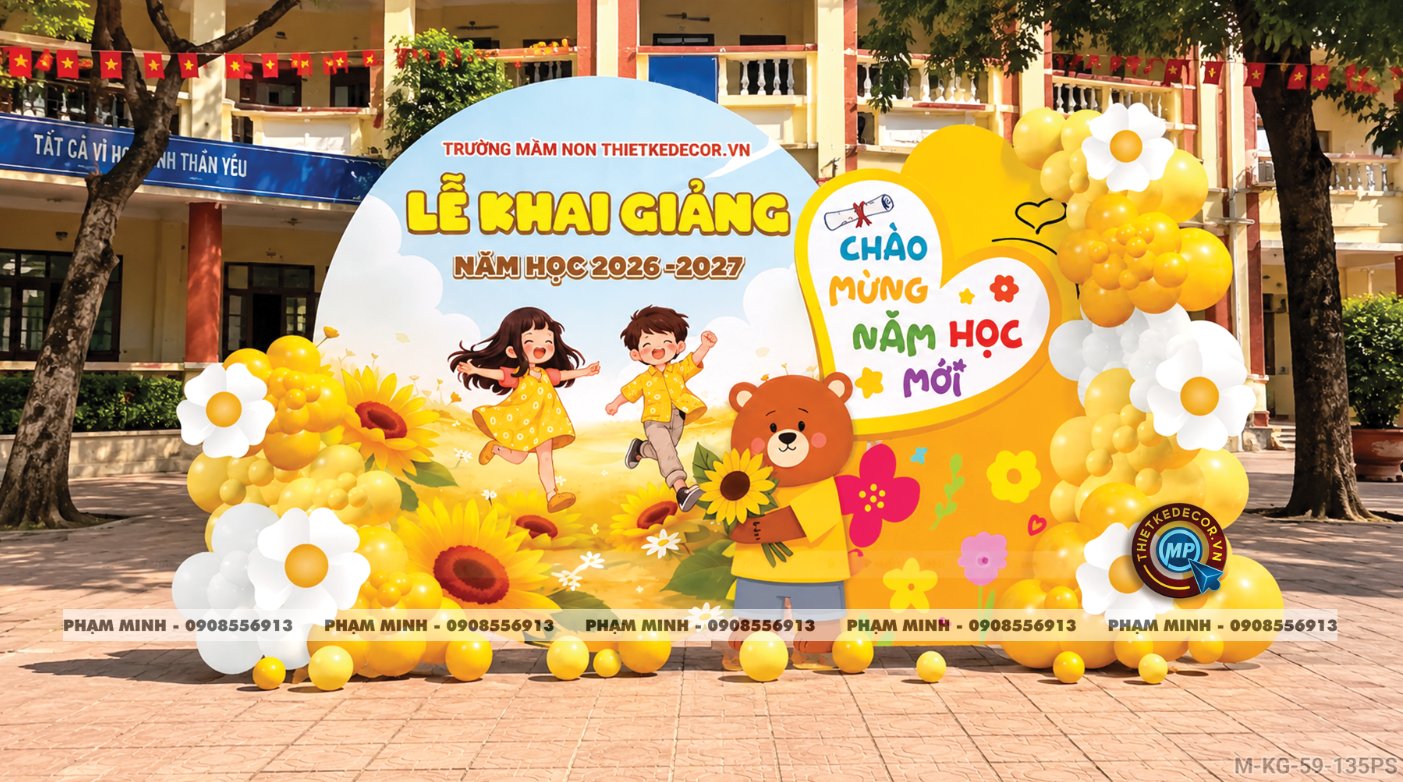 File thiết kế trang trí decor background mừng lễ khai giảng chào mừng năm học mới tone vàng chụp ảnh check in cho trường cấp 1 cấp 2, cổng chào lễ khai giảng trường quốc tế.