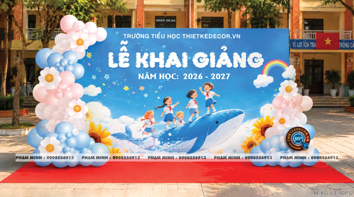 File thiết kế trang trí decor lễ khai giảng chào mừng năm học mới tone xanh da trời chụp ảnh check in cho trường cấp 1 cấp 2, cổng chào lễ khai giảng trường quốc tế.