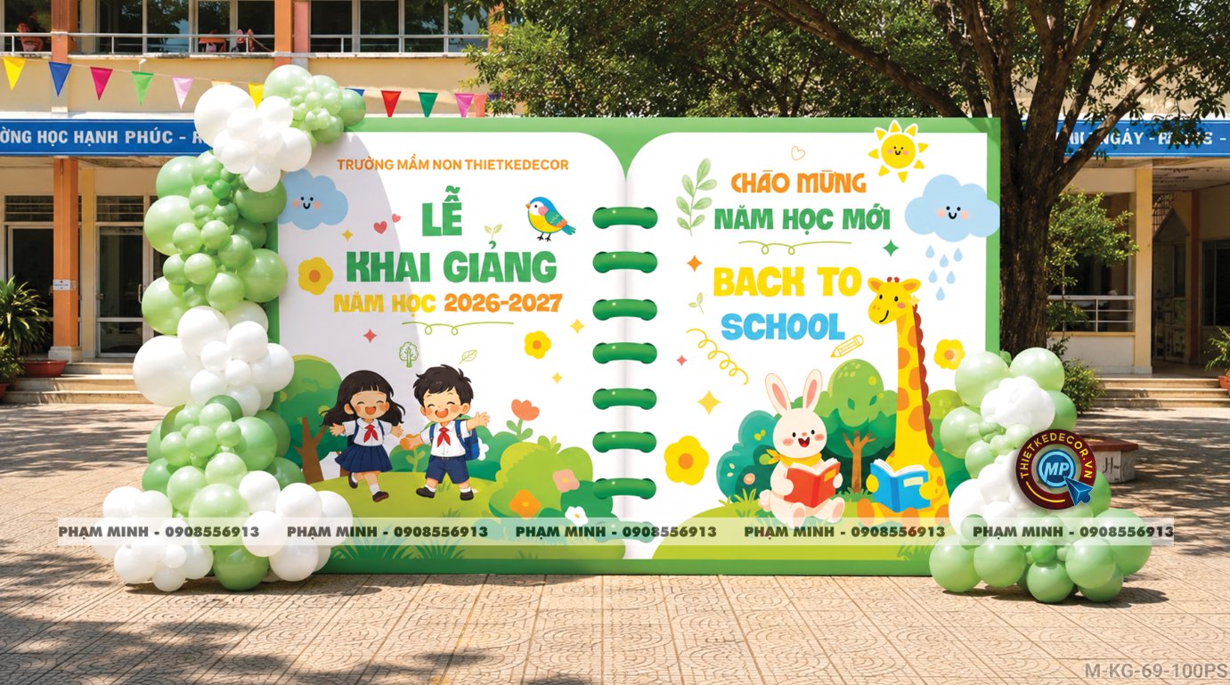 File thiết kế trang trí decor lễ khai giảng chào mừng năm học mới tone xanh lá cây chụp ảnh check in cho trường cấp 1 cấp 2, cổng chào lễ khai giảng trường quốc tế.