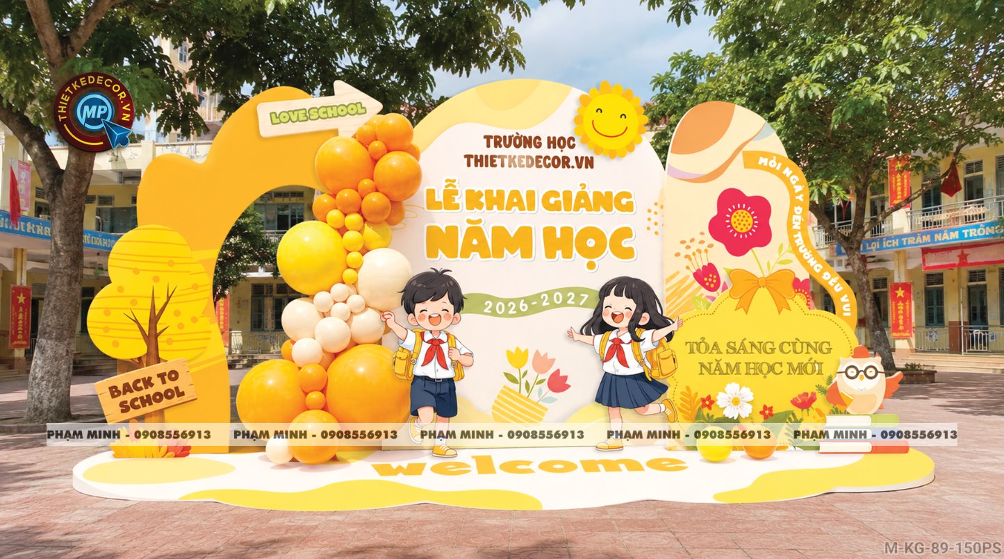 File thiết kế trang trí decor background mừng lễ khai giảng chào mừng năm học mới tone vàng chụp ảnh check in cho trường cấp 1 cấp 2, cổng chào lễ khai giảng trường quốc tế.