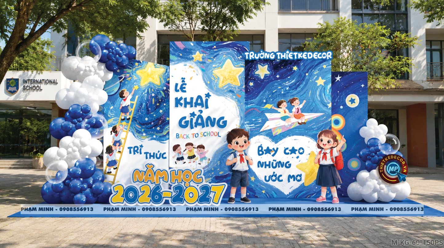 File thiết kế trang trí decor lễ khai giảng chào mừng năm học mới tone xanh da trời chụp ảnh check in cho trường cấp 1 cấp 2, cấp 3, đại học background lễ khai giảng trường quốc tế.
