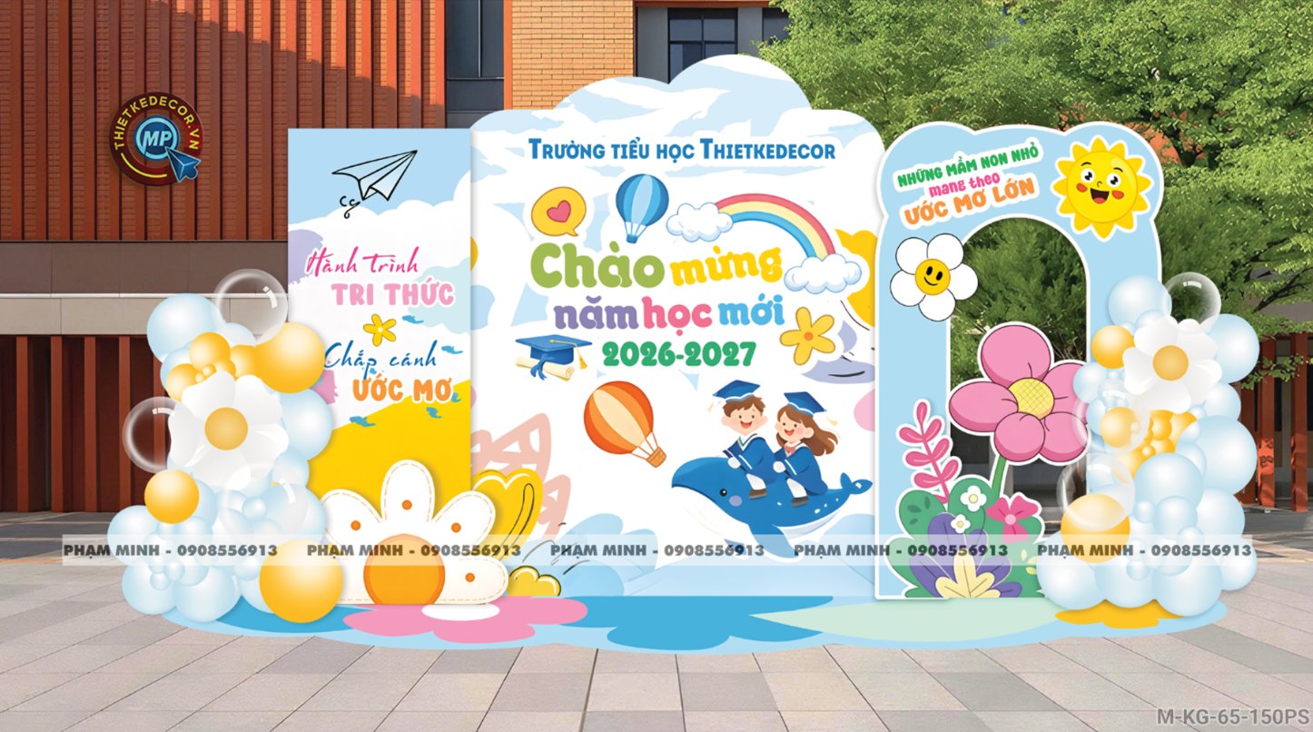 File thiết kế trang trí decor lễ khai giảng chào mừng năm học mới tone xanh da trời chụp ảnh check in cho trường cấp 1 cấp 2, cổng chào lễ khai giảng trường quốc tế.