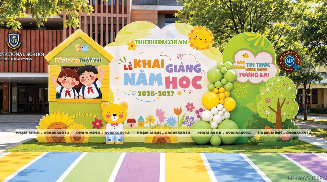 File thiết kế trang trí decor lễ khai giảng chào mừng năm học mới tone xanh lá cây chụp ảnh check in cho trường cấp 1 cấp 2, cổng chào lễ khai giảng trường quốc tế.