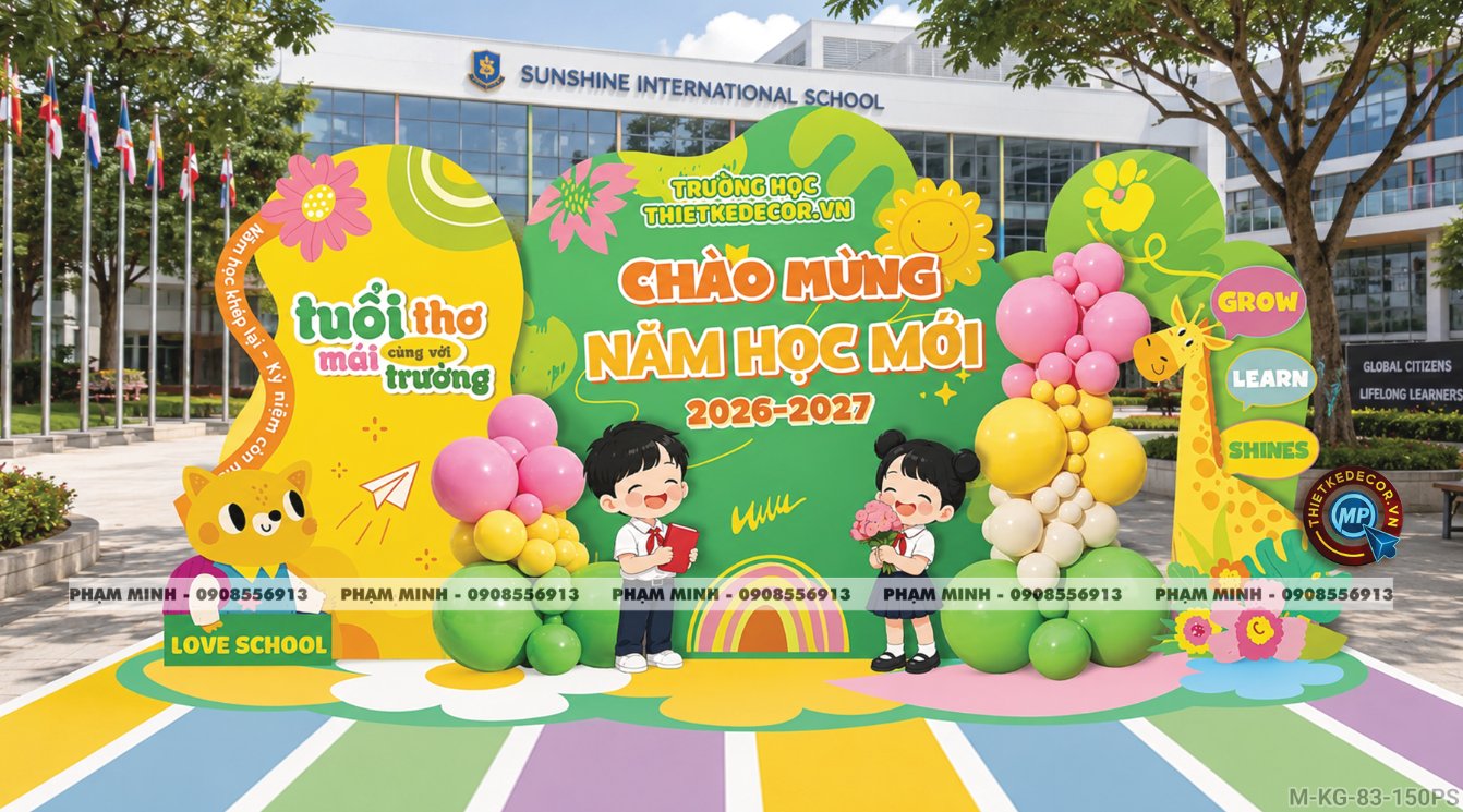 File thiết kế trang trí decor lễ khai giảng chào mừng năm học mới tone xanh lá cây chụp ảnh check in cho trường cấp 1 cấp 2, cổng chào lễ khai giảng trường quốc tế.