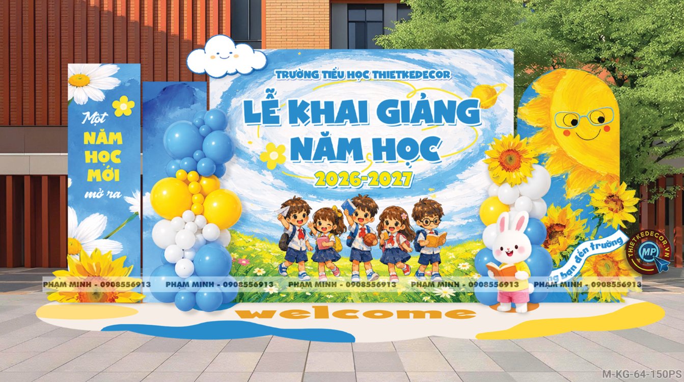File thiết kế trang trí decor lễ khai giảng chào mừng năm học mới tone xanh da trời chụp ảnh check in cho trường cấp 1 cấp 2, cấp 3, đại học background lễ khai giảng trường quốc tế.