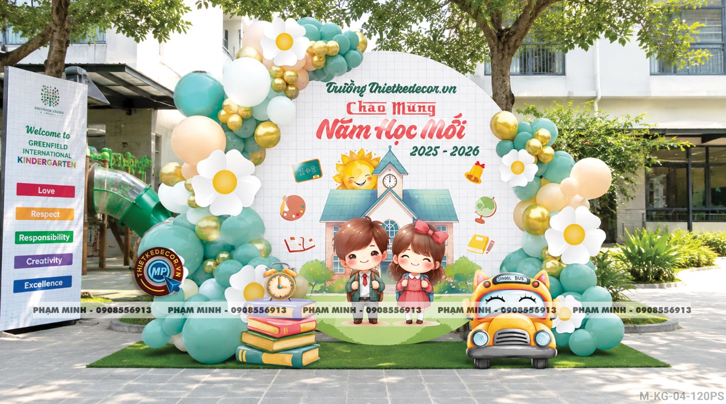 File thiết kế trang trí decor lễ khai giảng chào mừng năm học mới tone xanh lá cây chụp ảnh check in cho trường cấp 1 cấp 2, cổng chào lễ khai giảng trường quốc tế.