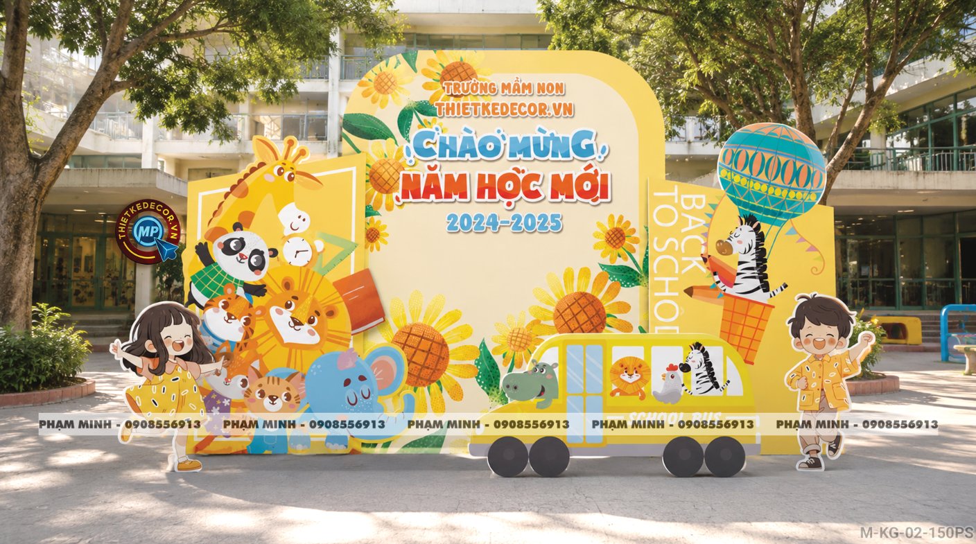 File thiết kế trang trí decor background mừng lễ khai giảng chào mừng năm học mới tone vàng chụp ảnh check in cho trường cấp 1 cấp 2, cổng chào lễ khai giảng trường quốc tế.
