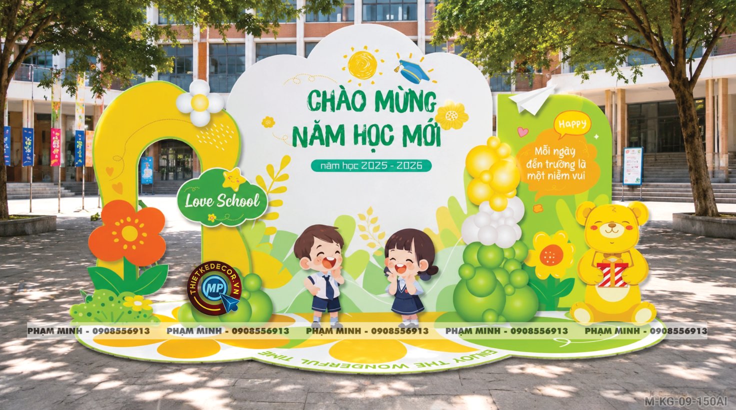 File thiết kế trang trí decor background mừng lễ khai giảng chào mừng năm học mới tone vàng chụp ảnh check in cho trường cấp 1 cấp 2, cổng chào lễ khai giảng trường quốc tế.