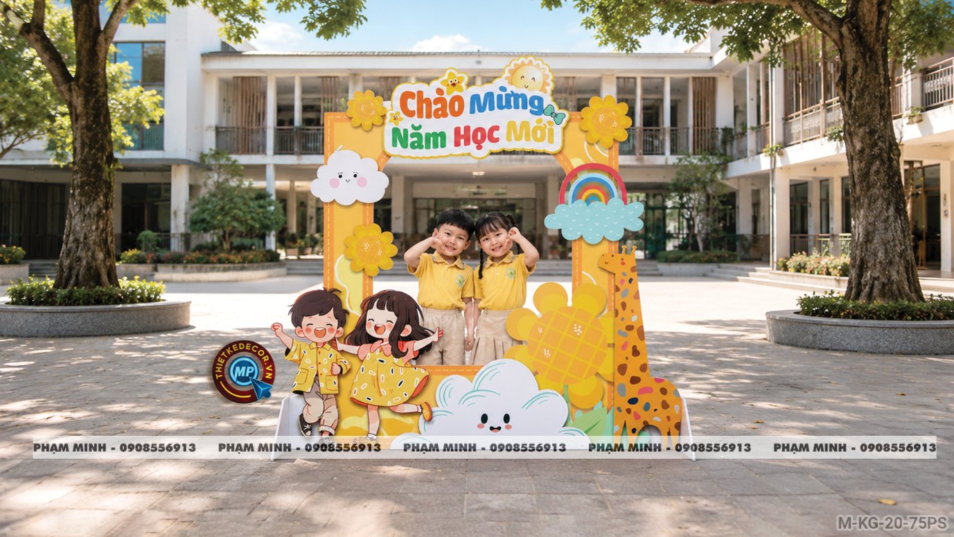 File thiết kế trang trí decor khung chụp ảnh checkin mừng lễ khai giảng chào mừng năm học mới cho trường cấp 1, cấp 2, khung ảnh lễ khai giảng trường quốc tế.