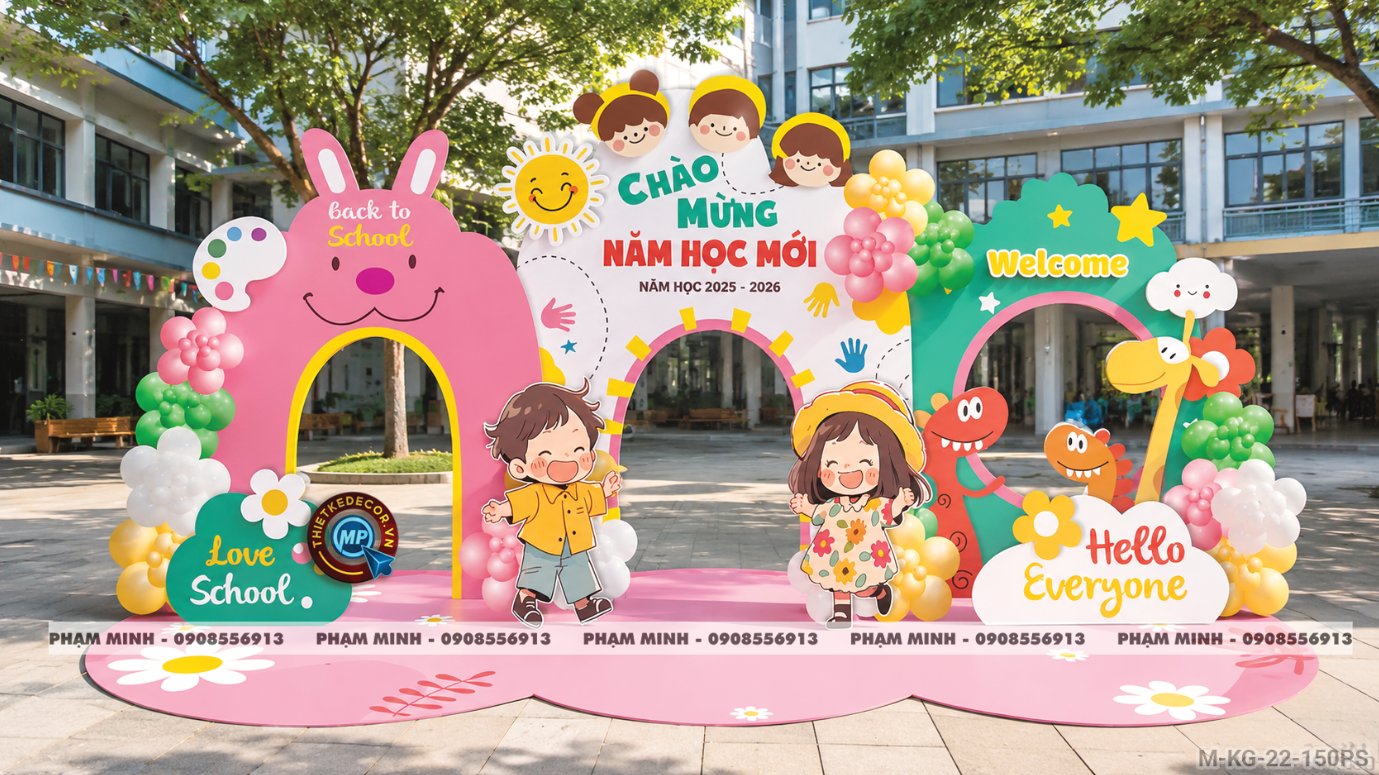 File thiết kế trang trí decor background mừng lễ khai giảng chào mừng năm học mới tone vàng chụp ảnh check in cho trường cấp 1 cấp 2, cổng chào lễ khai giảng trường quốc tế.