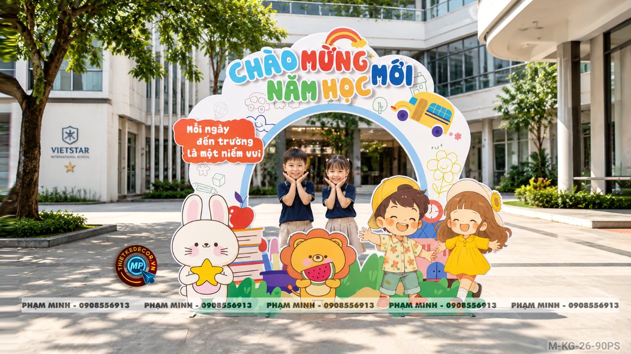 File thiết kế trang trí decor khung chụp ảnh checkin mừng lễ khai giảng chào mừng năm học mới cho trường cấp 1, cấp 2, khung ảnh lễ khai giảng trường quốc tế.