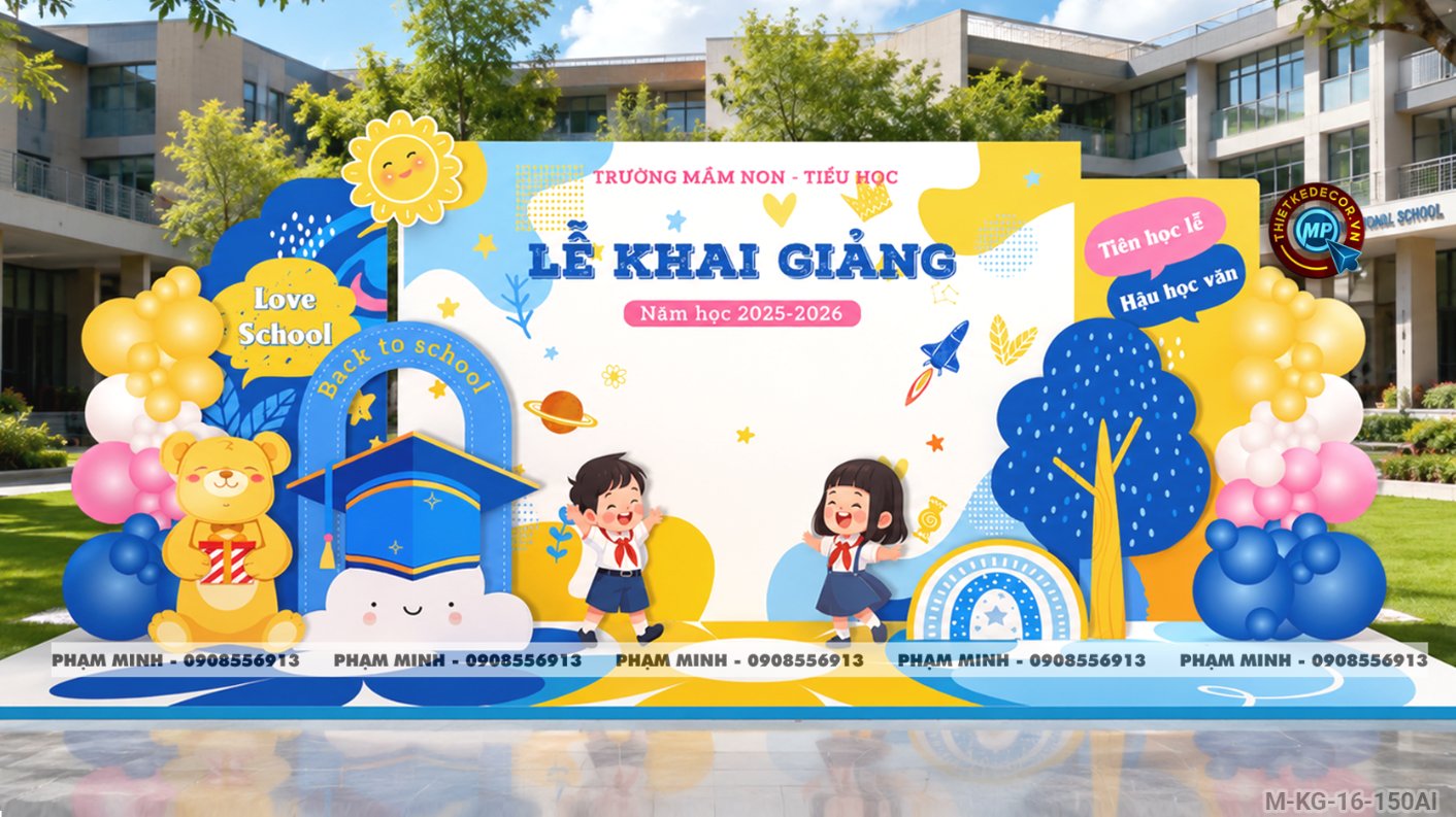 File thiết kế trang trí decor background mừng lễ khai giảng chào mừng năm học mới tone vàng chụp ảnh check in cho trường cấp 1 cấp 2, cổng chào lễ khai giảng trường quốc tế.
