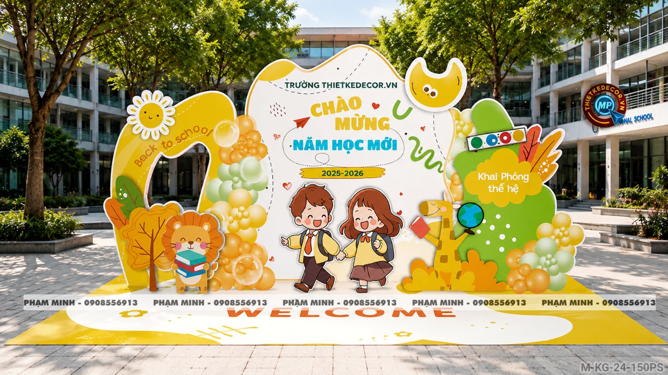 File thiết kế trang trí decor background mừng lễ khai giảng chào mừng năm học mới tone vàng chụp ảnh check in cho trường cấp 1 cấp 2, cổng chào lễ khai giảng trường quốc tế.