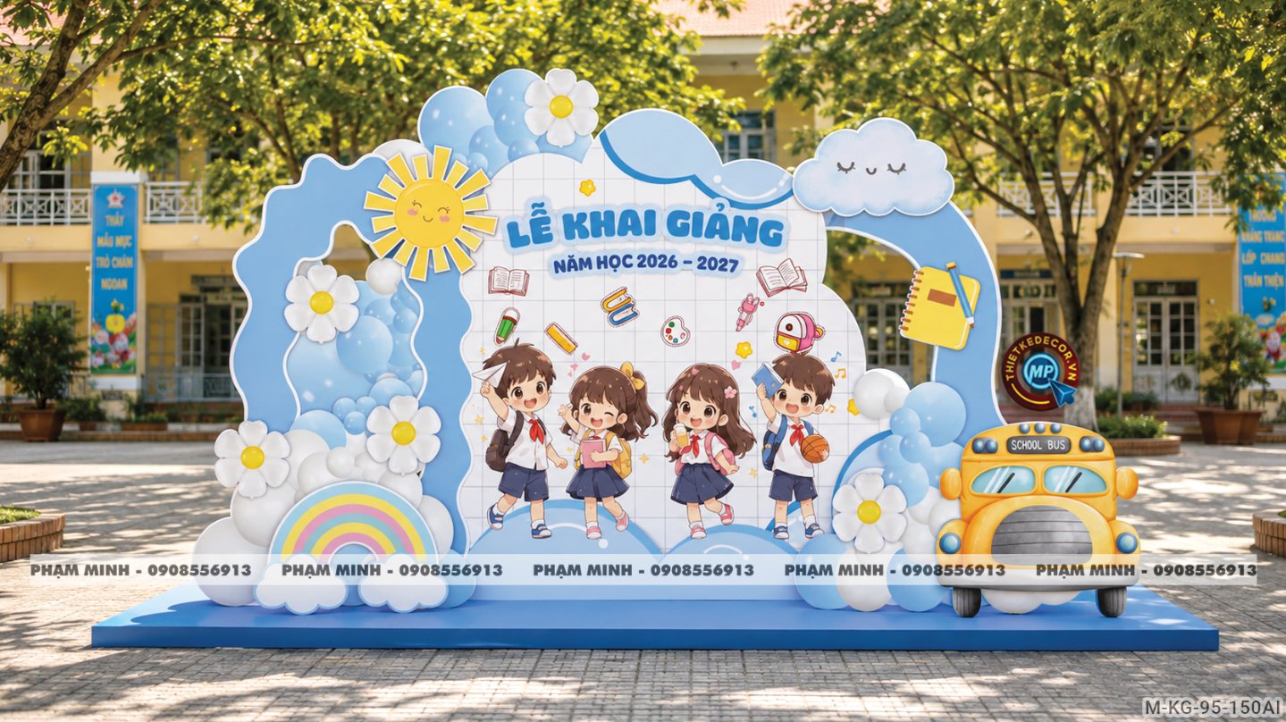 File thiết kế trang trí decor background mừng lễ khai giảng chào mừng năm học mới tone vàng chụp ảnh check in cho trường cấp 1 cấp 2, cổng chào lễ khai giảng trường quốc tế.